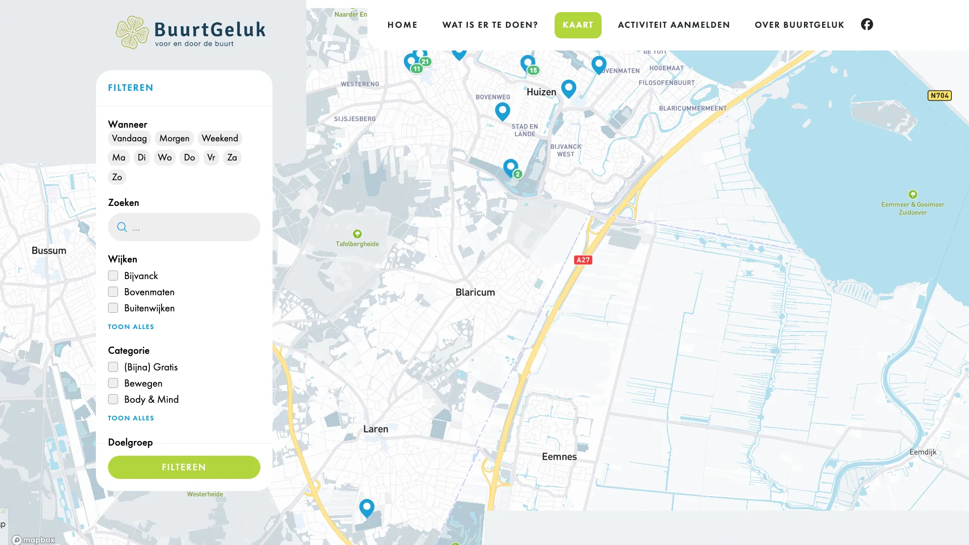 BuurtGeluk kaartweergave met wijk-, categorie- en doelgroepfilters