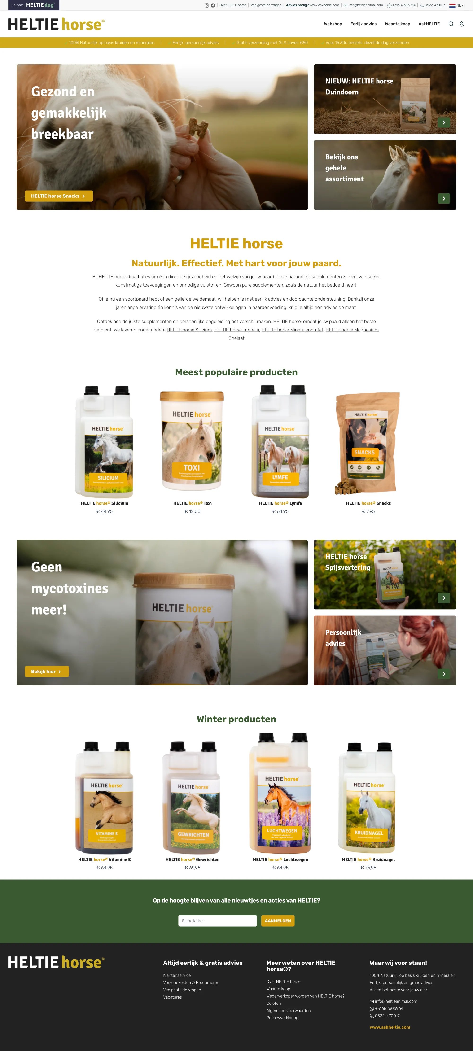 HELTIE horse subbrand-homepage met populaire producten en mycotoxinen-advies