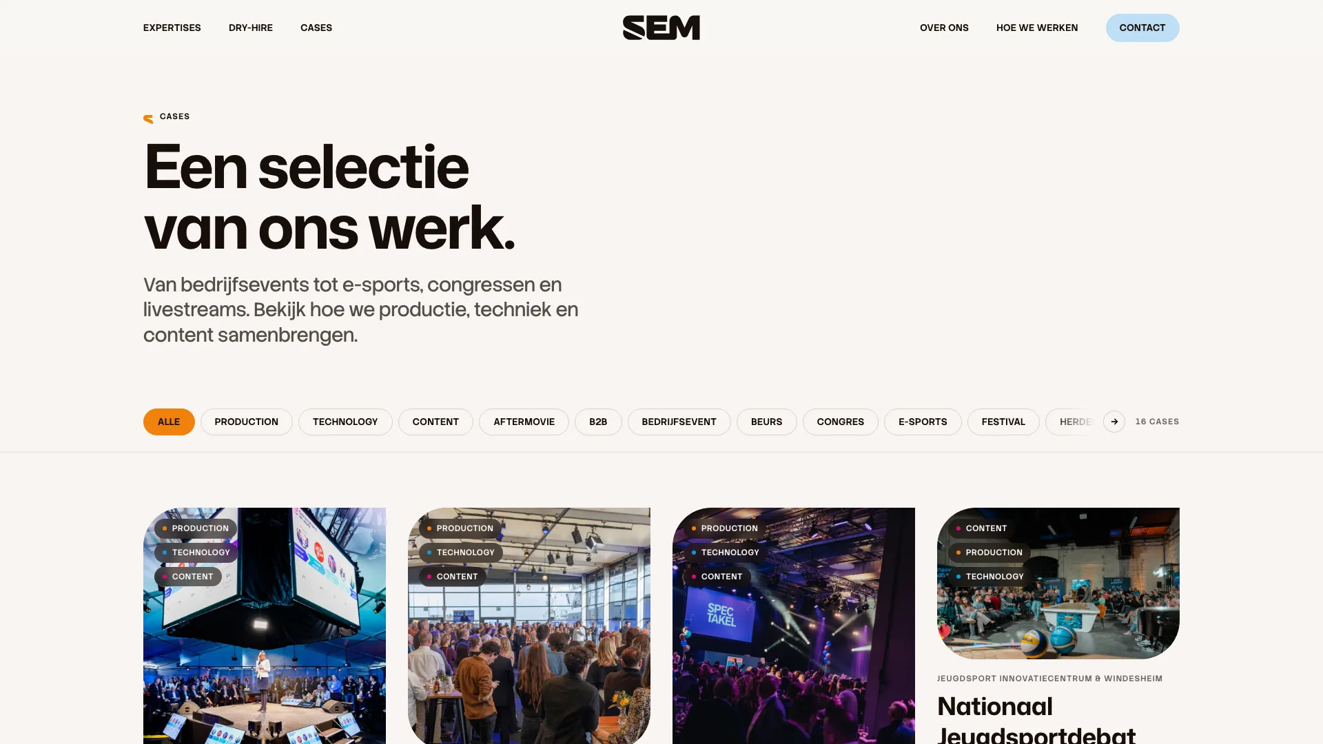 Cases-overzicht van SEM Productions met filterbare projecten uit productie, techniek en content
