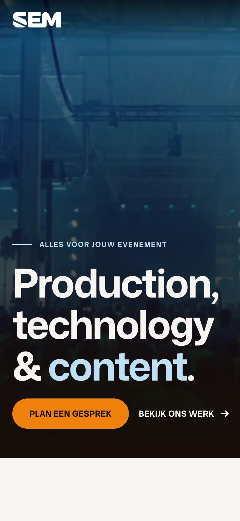 SEM Productions homepage op mobiel — Your event partner, productie, techniek en content
