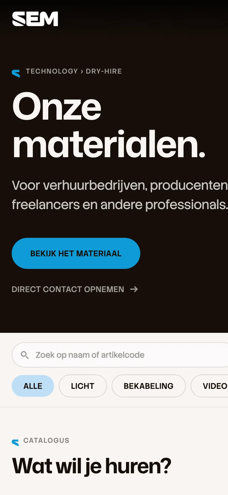 SEM dry-hire catalogus — event-materiaal huren met zoek- en filterfunctie