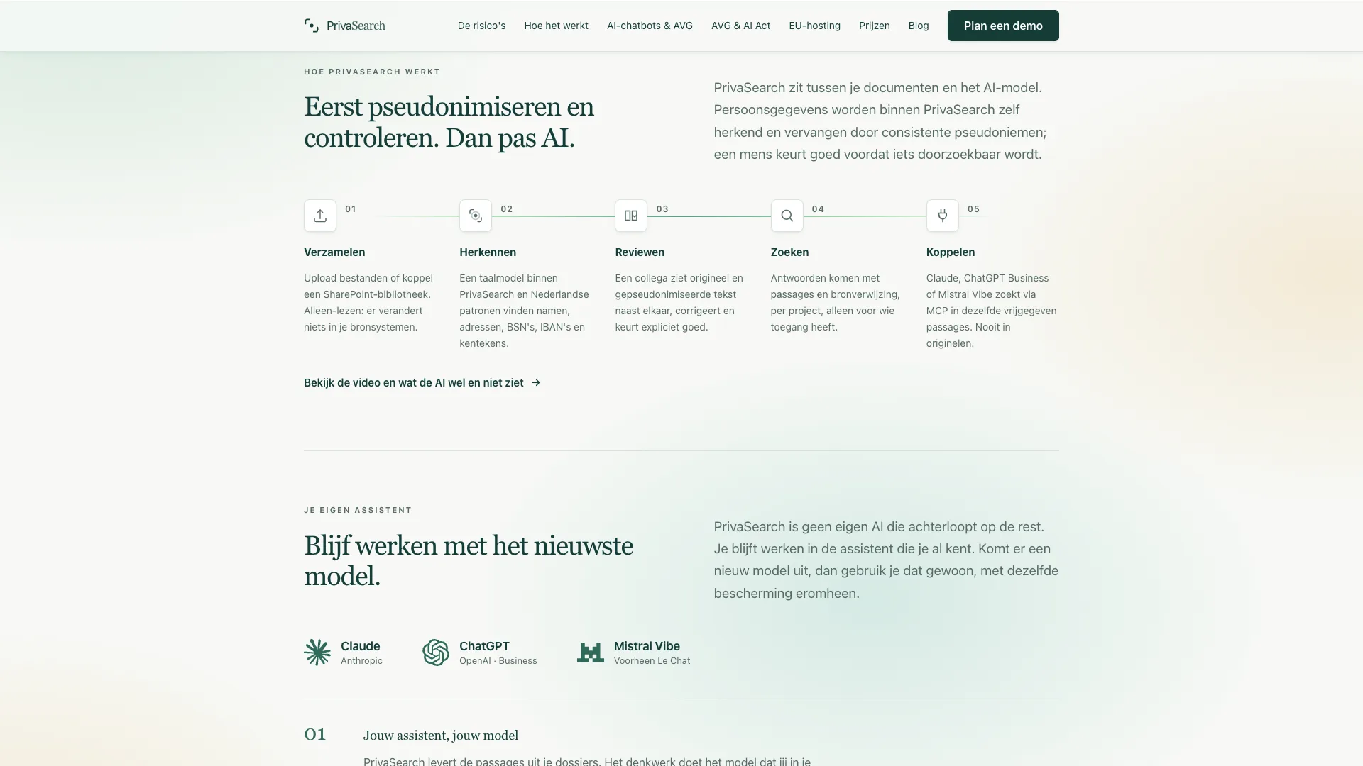 PrivaSearch-website met de vijf stappen: verzamelen, herkennen, reviewen, zoeken en koppelen