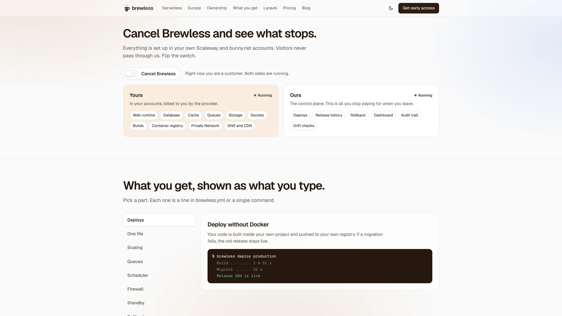 Brewless-website met de schakelaar 'Cancel Brewless': wat van de klant is blijft draaien, alleen het controlepaneel stopt