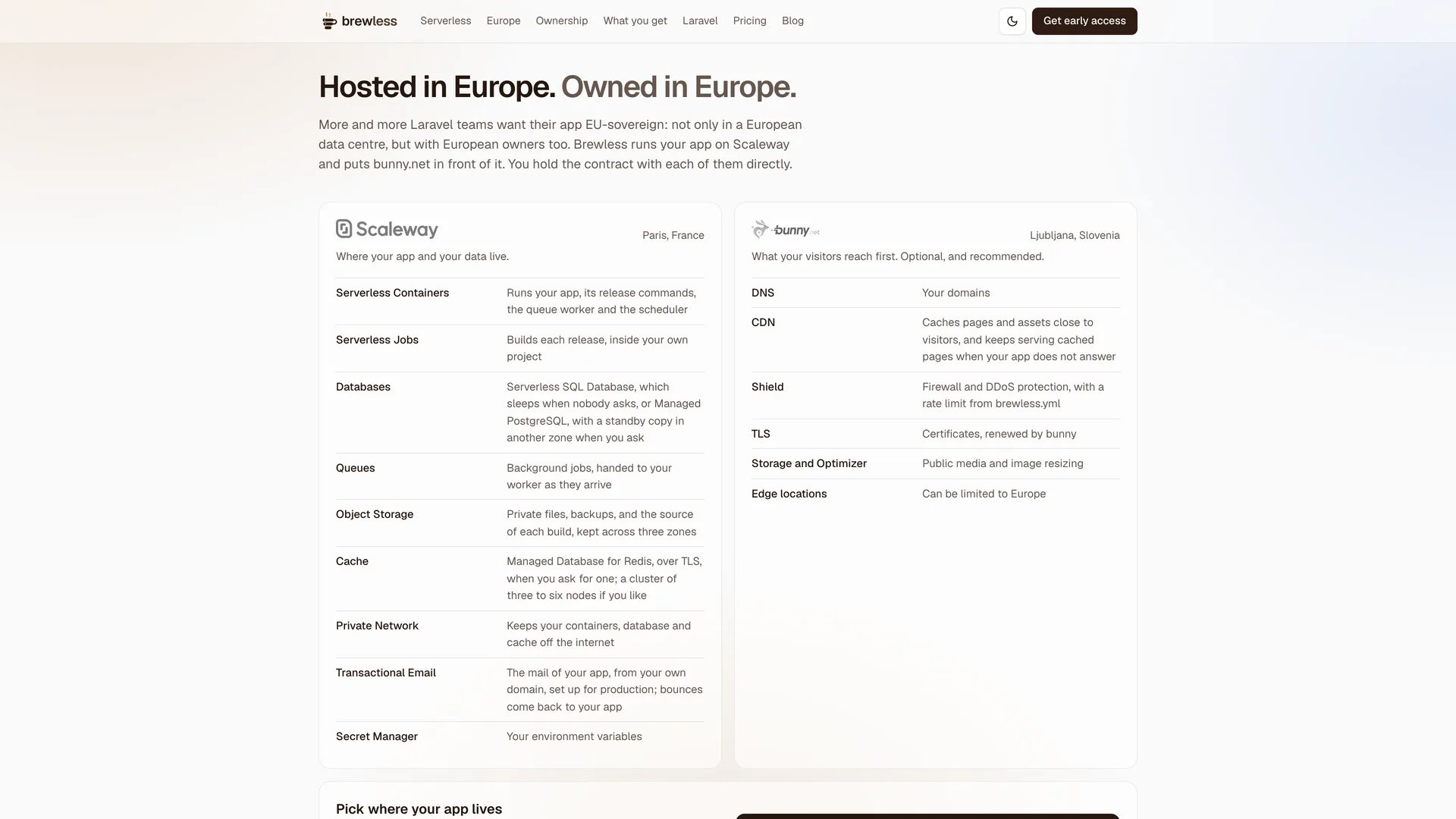 Brewless-website met de diensten van Scaleway en bunny.net die een Laravel-app gebruikt