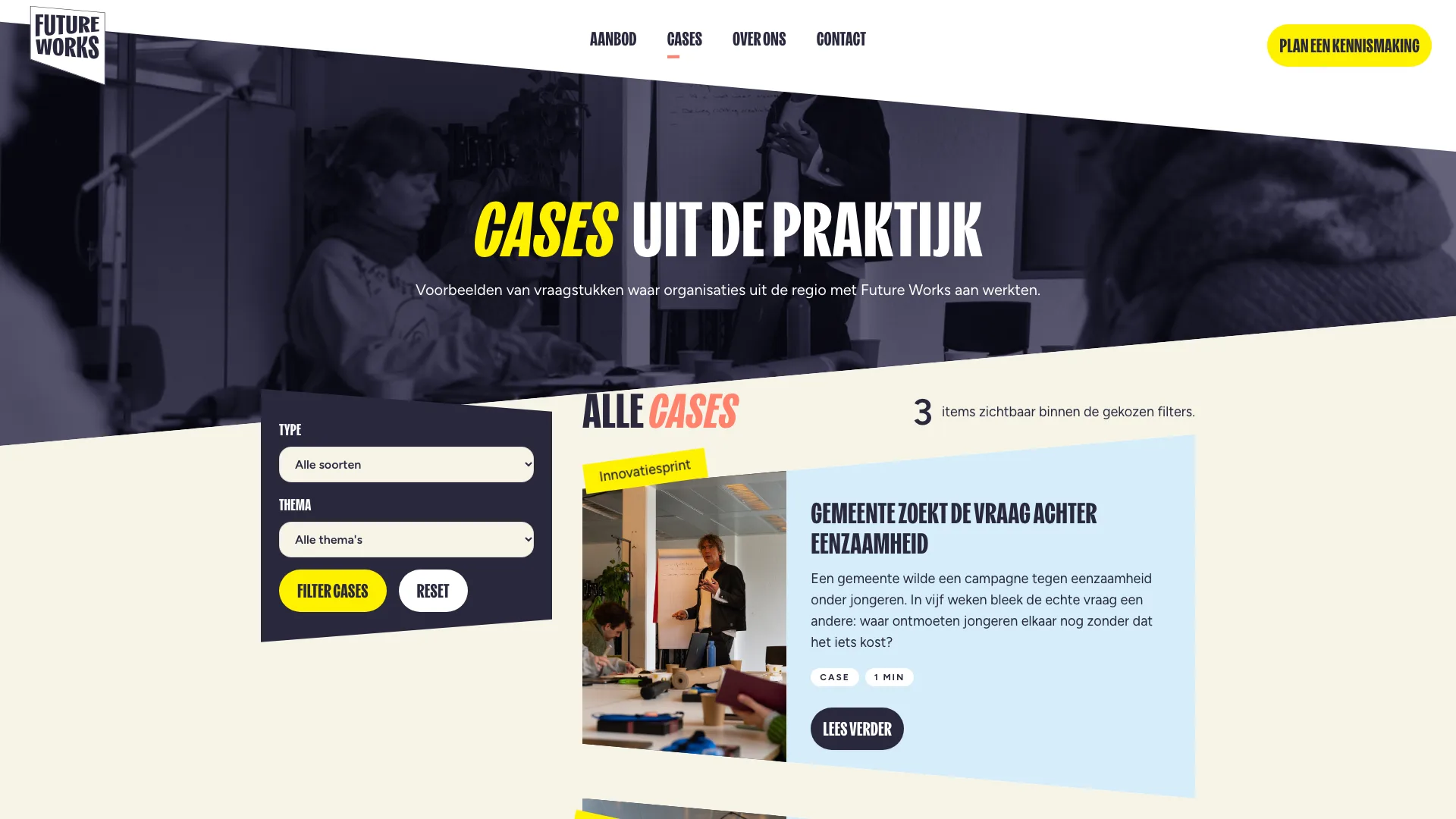 Casesoverzicht van Future Works met filters op type en thema