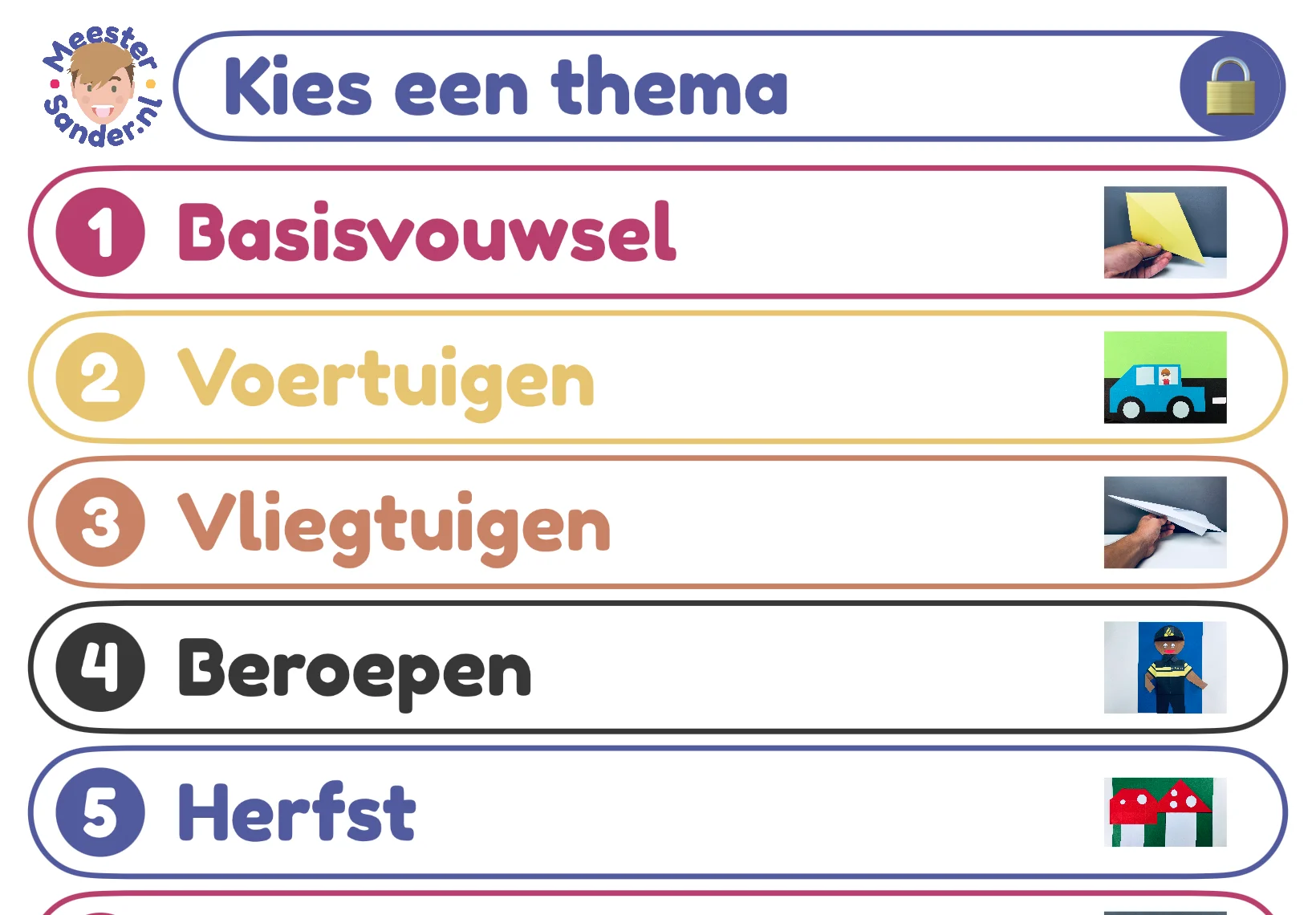 Het startscherm van de Meester Sander iPad-app: kies een thema, met genummerde thema's zoals Basisvouwsel, Voertuigen en Herfst