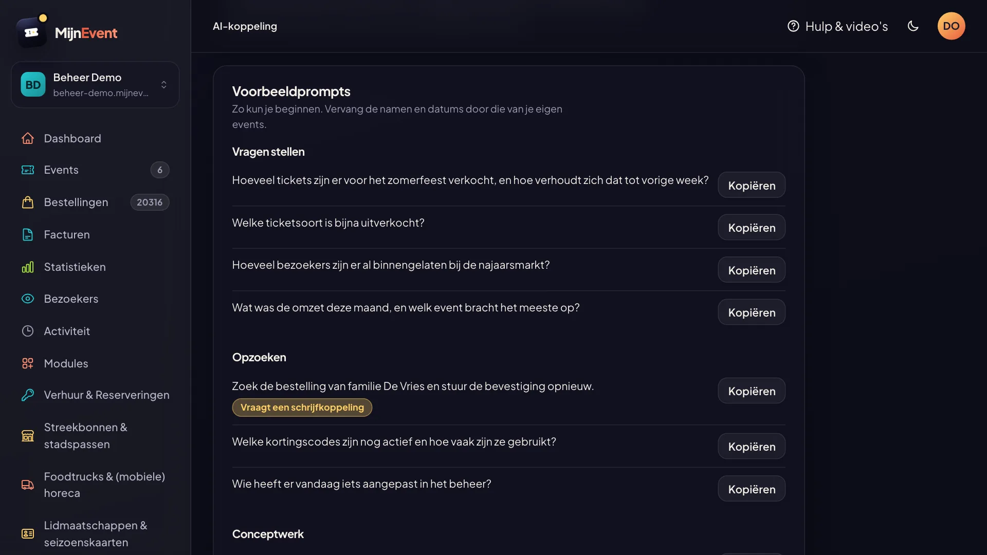 MijnEvent beheer, AI-koppeling: voorbeeldprompts per categorie met een kopieerknop, zoals hoeveel tickets er voor het zomerfeest verkocht zijn