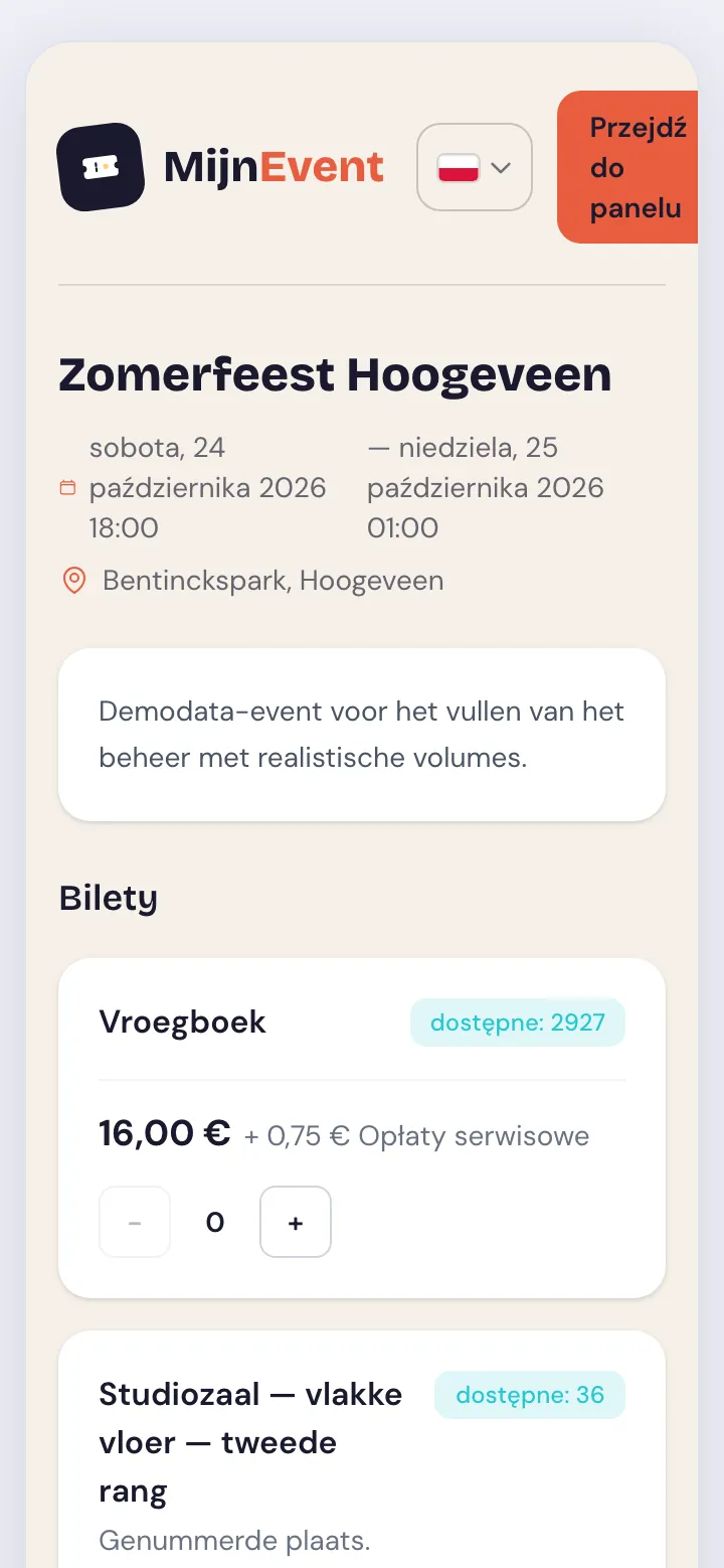 MijnEvent eventpagina in het Pools met tickets, beschikbaarheid en prijzen in Poolse notatie