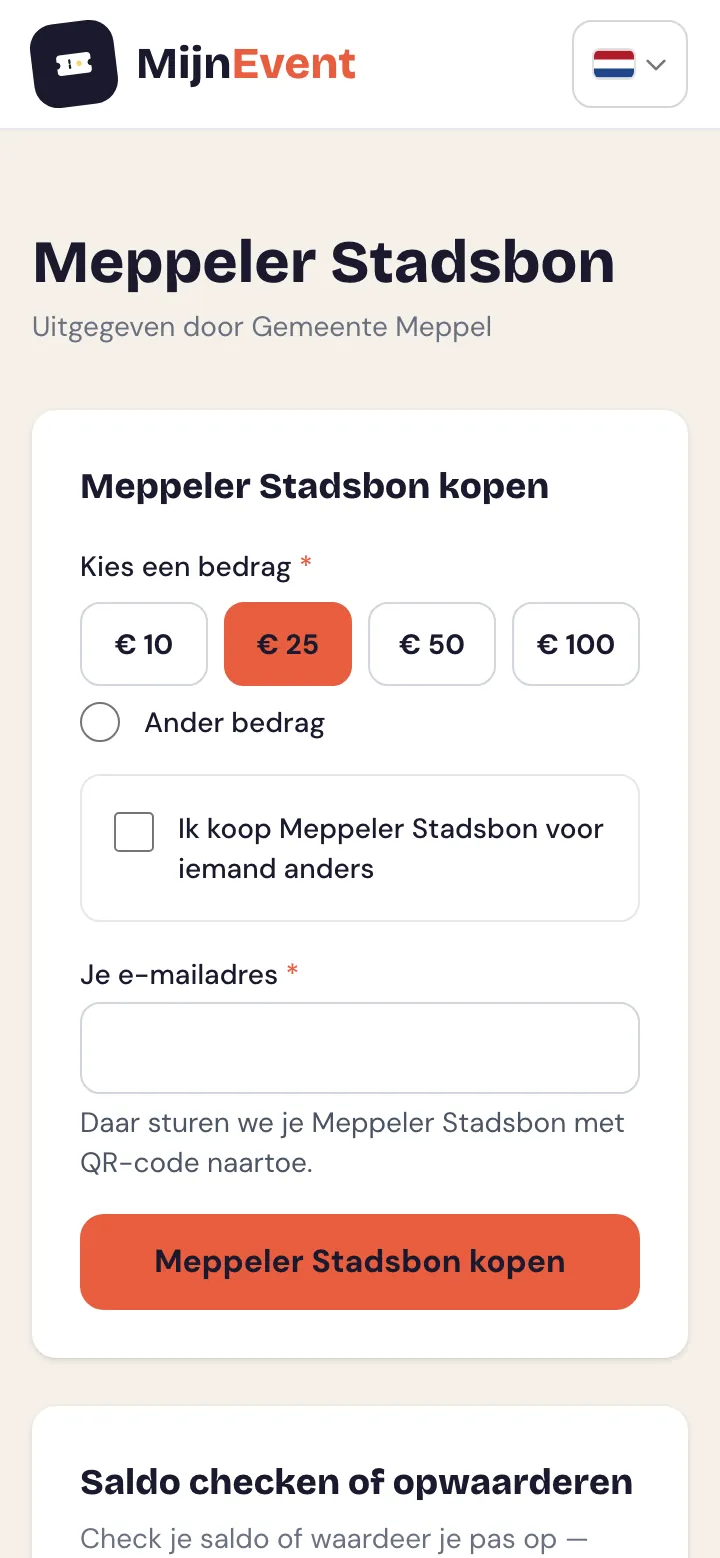 MijnEvent stadsbon kopen — bedrag kiezen, cadeau geven en saldo checken