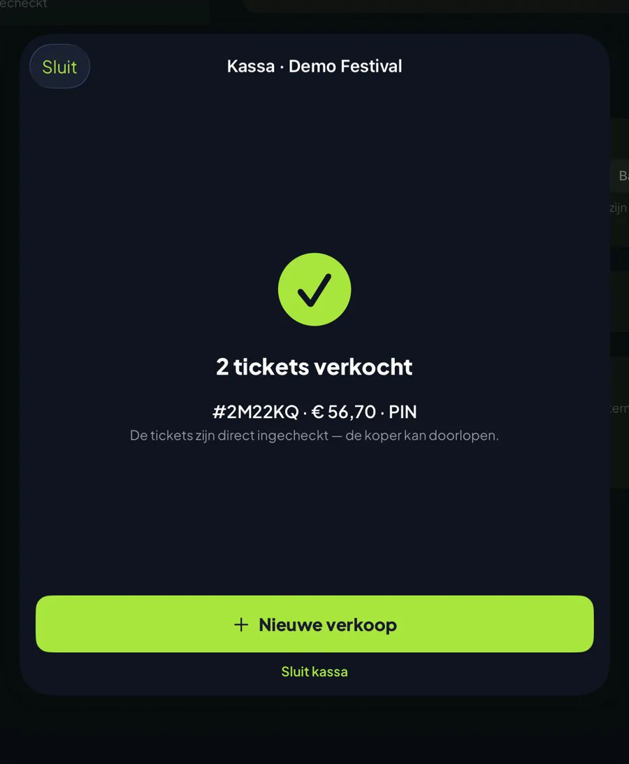 MijnEvent kassa: bon met ordernummer, bedrag, betaalmethode en check-in-status