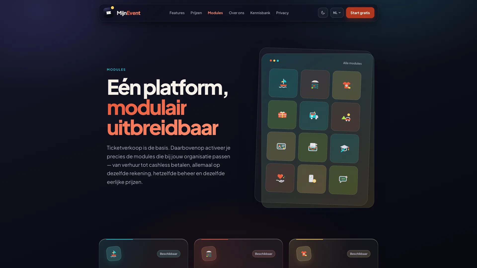 MijnEvent modules: één platform, modulair uitbreidbaar met verhuur, cashless, cursussen en meer
