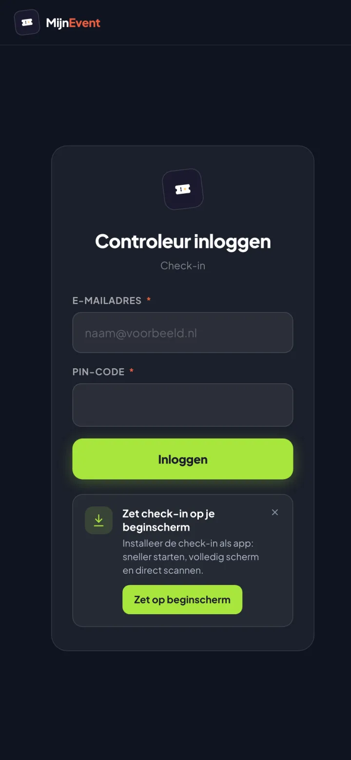 MijnEvent scan-app — controleur inloggen met pincode