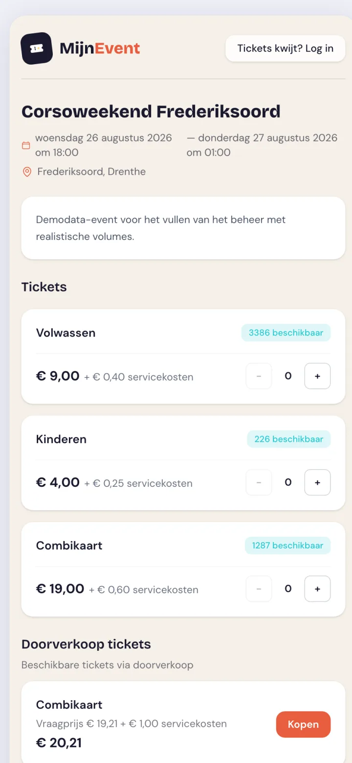 MijnEvent verkooppagina met eigen huisstijl, ticketsoorten en doorverkoop