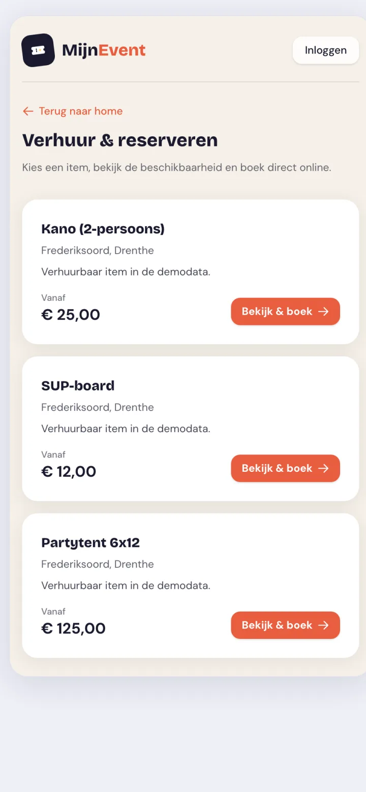 MijnEvent verhuurmodule — items reserveren en direct online boeken