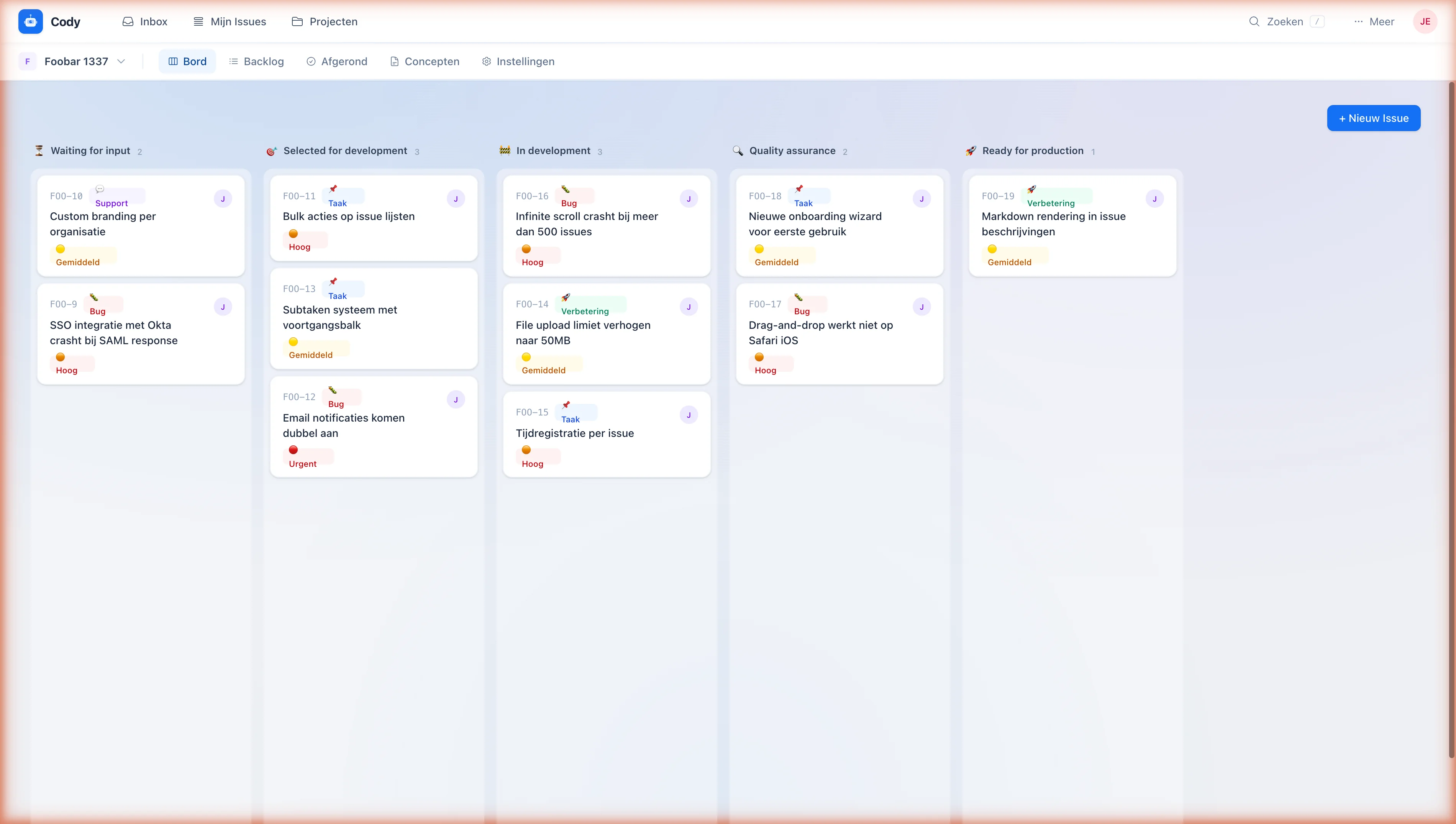 Cody dashboard — overzicht van alle issues op het Kanban-bord
