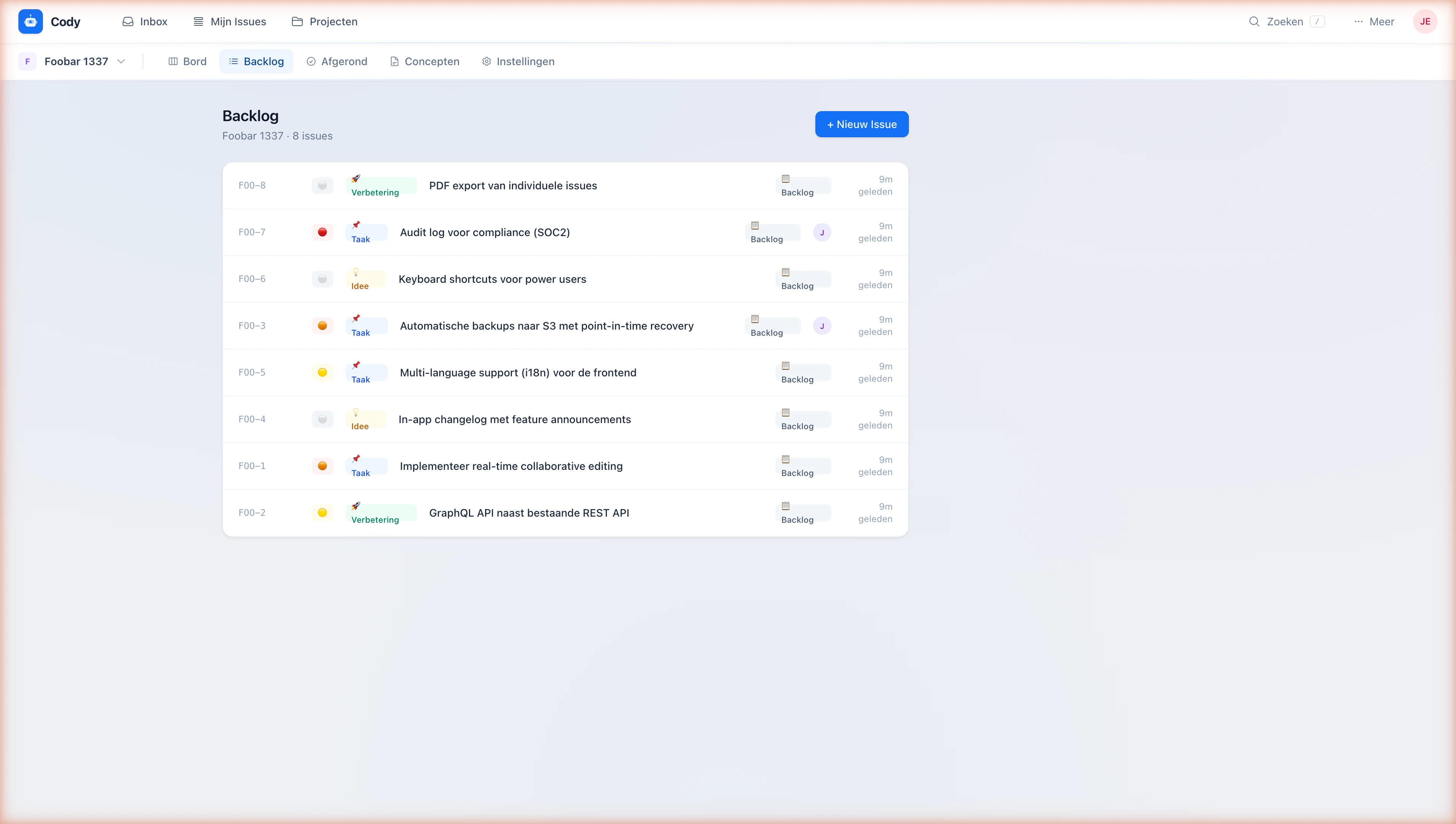 Cody backlog met overzicht van alle openstaande meldingen